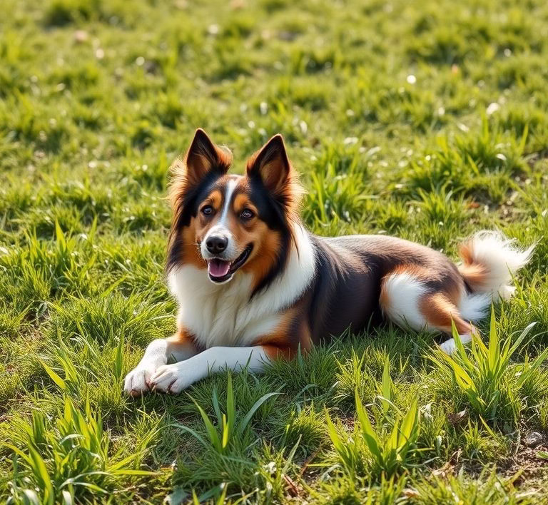 Hund spielt auf einer Wiese, umgeben von grünem Gras