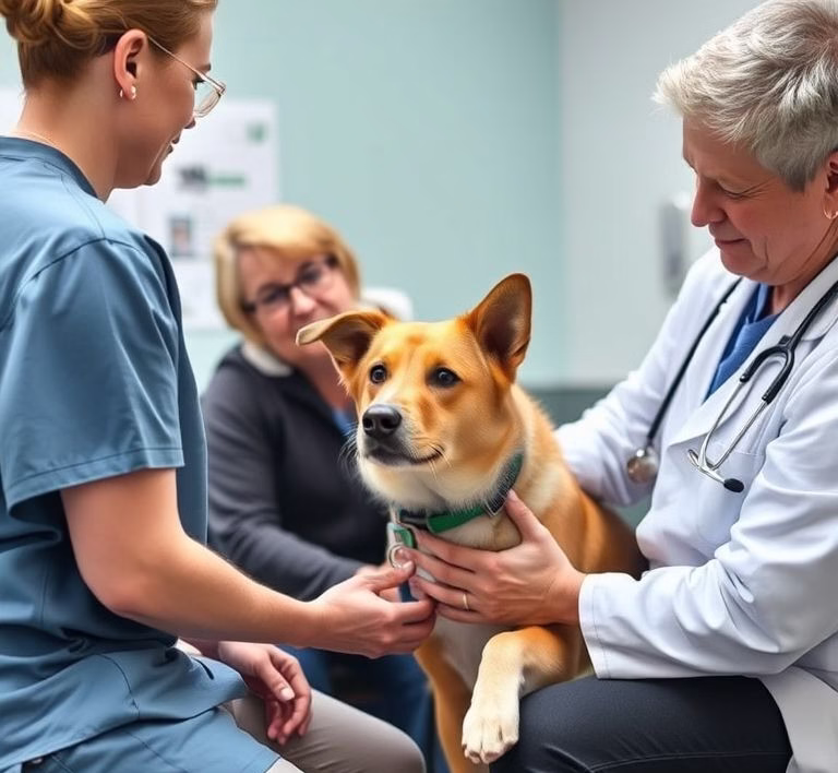 Hundebesitzer mit Hund bei einem Tierarztbesuch, der Tierarzt beruhigt den Hund