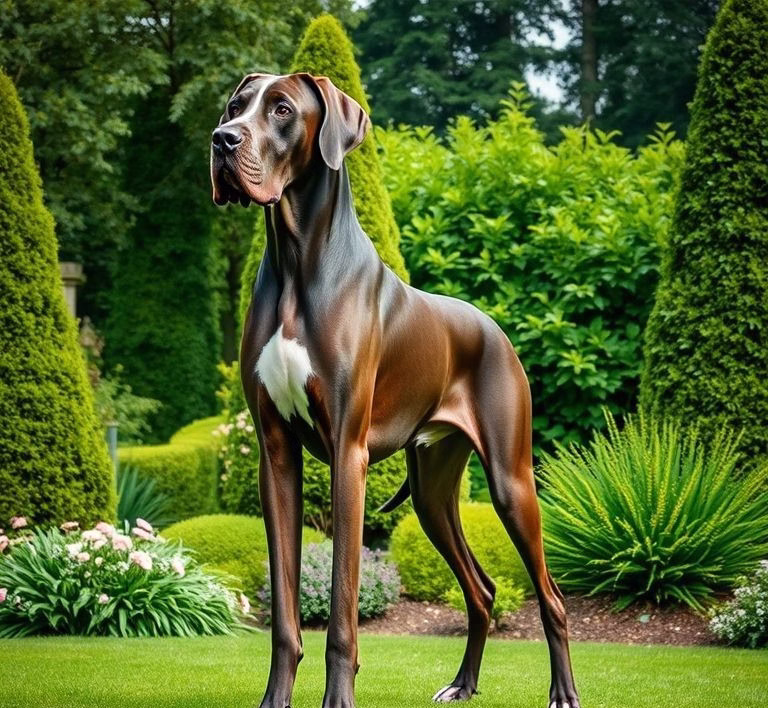 Majestic Great Dane standing in a garden, portraying its impressive height and graceful posture