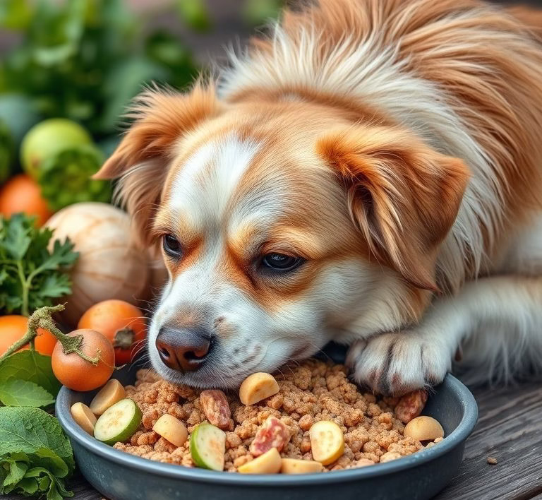 Nahaufnahme einer Schale mit hochwertigem Nassfutter von Xantara für Hunde, umgeben von frischen Zutaten wie Karotten und Fleischstücken.
