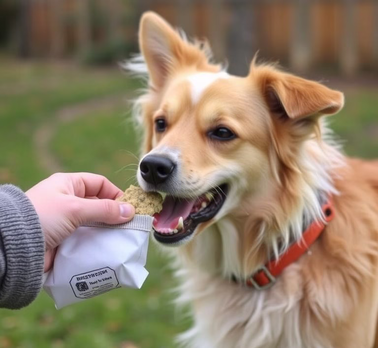 Nahaufnahme eines Hundefutterbeutels mit leserlicher Deklaration und Händen, die darauf zeigen