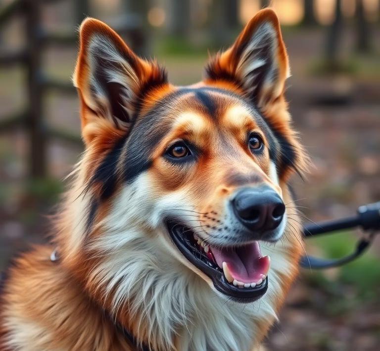 Nahaufnahme eines Hundes, sein Maul öffnet sich leicht, während er ein Grashalm im Mund hält.