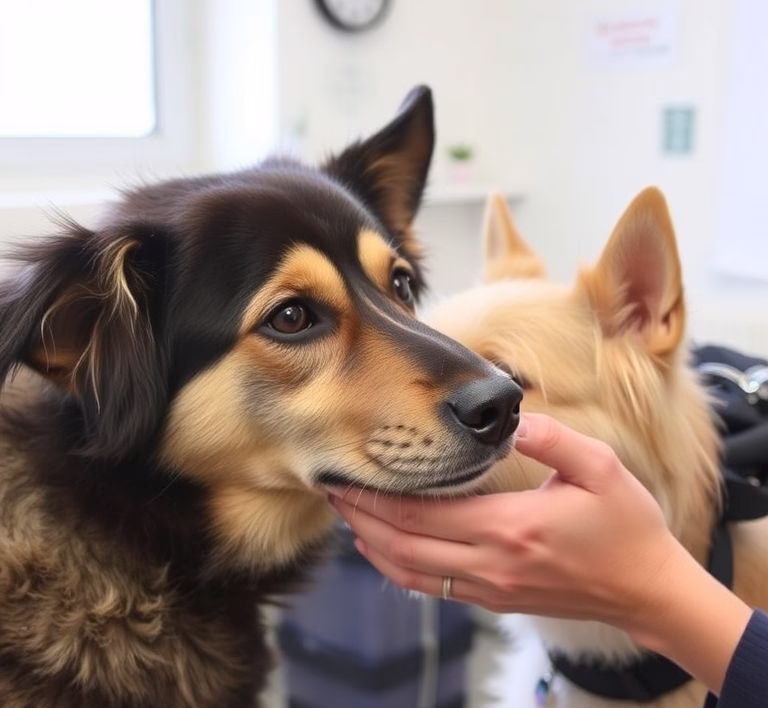 Nahaufnahme eines Hundes, wie er von einem Tierarzt untersucht wird