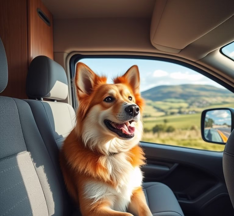 Nahaufnahme eines lächelnden Hundes, der in einem Wohnmobil sitzt und aus dem Fenster schaut, während er die Landschaft genießt.