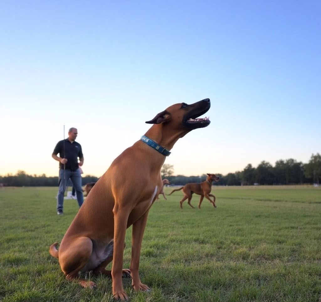 Rhodesian Ridgeback beim Spielen auf einer großen Wiese