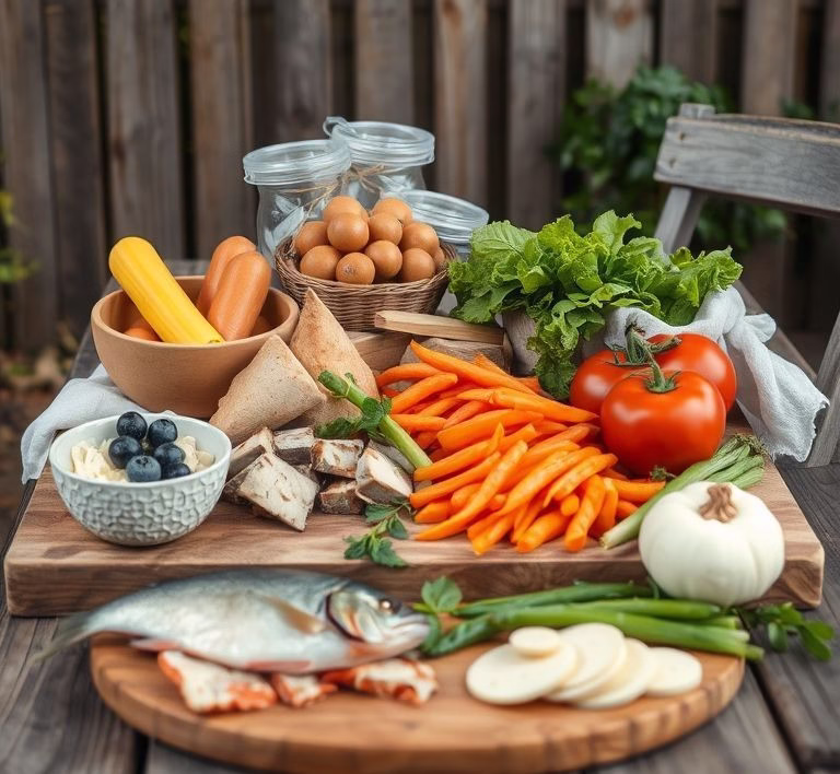 Verschiedene Bozita Hundefutter-Produkte auf einem Holztisch, mit frischen Zutaten wie Fleisch und Gemüse im Hintergrund