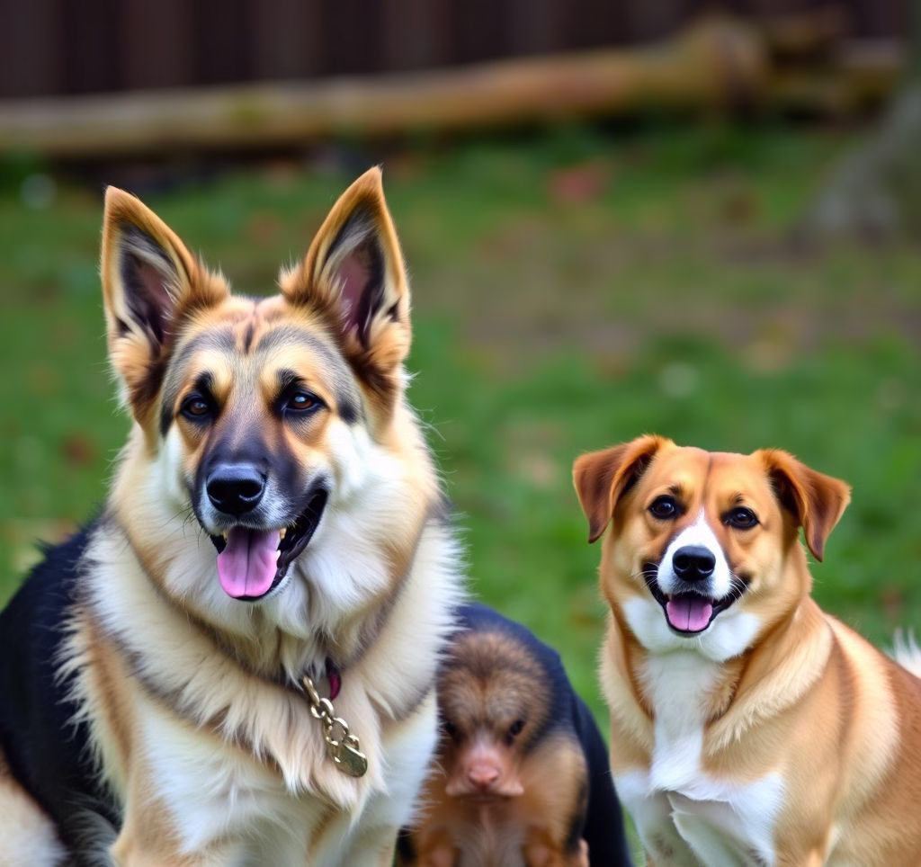Verschiedene deutsche Hunderassen, wie ein Deutscher Schäferhund und ein Dackel, nebeneinander in einer natürlichen Umgebung darstellend.