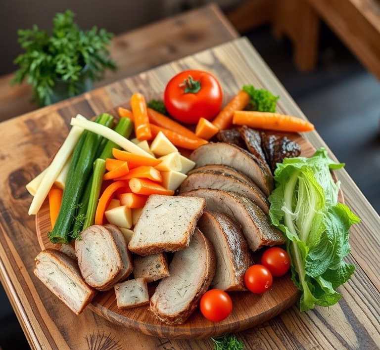 Verschiedene Dosen Hundefutter Robert Franz auf einem Holztisch, umrahmt von frischen Zutaten wie Fleisch und Gemüse.