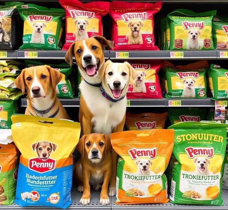Verschiedene Dosen Penny Hundefutter und Packungen Penny Trockenfutter nebeneinander im Supermarktregal.