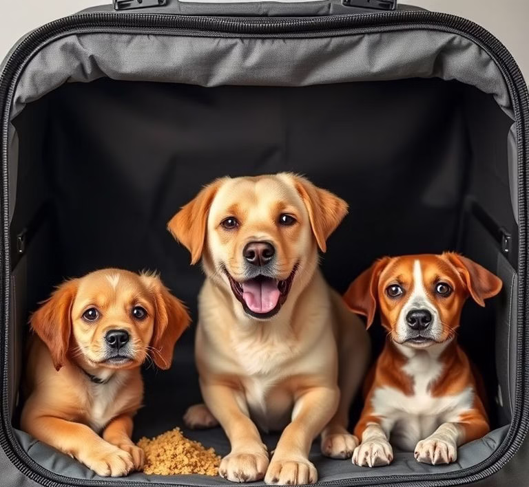 Verschiedene Dosen und Säcke mit hypoallergenem Hundefutter, klar gekennzeichnet