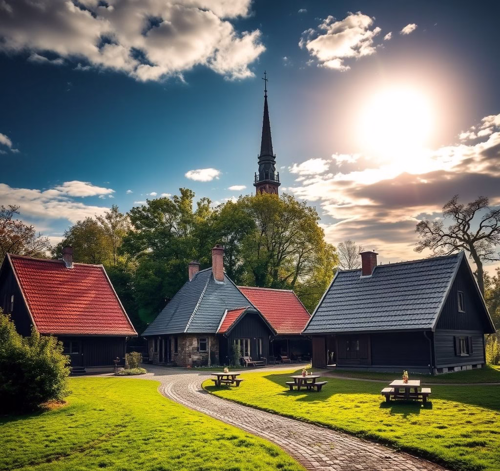 Verschiedene Hunderassen auf einer Wiese versammelt