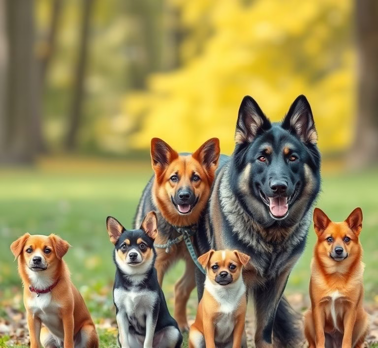 Verschiedene Hunderassen, von einem kleinen Chihuahua bis zu einem großen Deutschen Schäferhund, die die Vielfalt der Größen und potenziellen Lebenserwartungen zeigen.