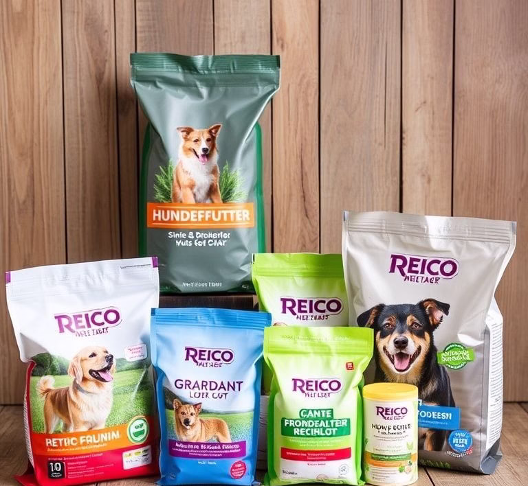 Verschiedene Reico Hundefutterprodukte in ansprechender Verpackung.