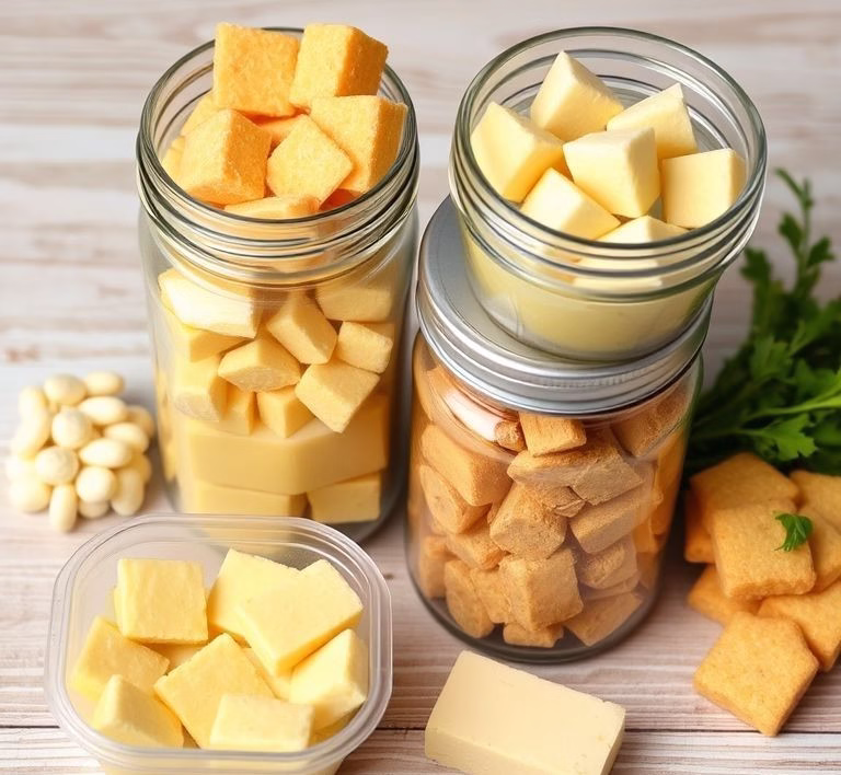 Verschiedene, sorgfältig zubereitete Portionen von Hundefutter in wiederverwendbaren Behältern, bereit zum Einfrieren oder Kühlen