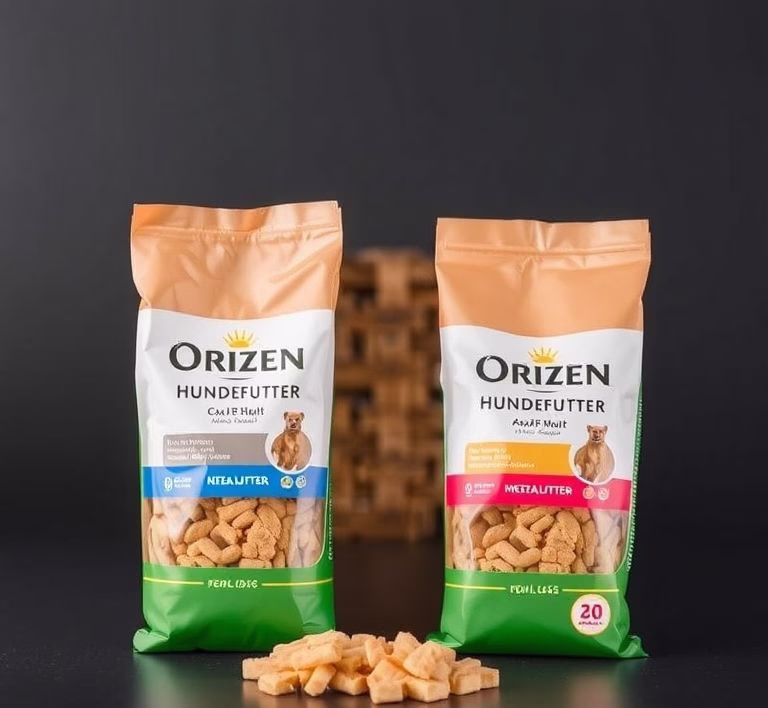 Verschiedene Sorten Orijen Hundefutter in ansprechender Verpackung