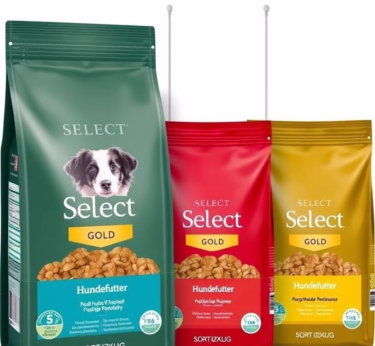 Verschiedene Sorten von Select Gold Hundefutter in ansprechenden Verpackungen