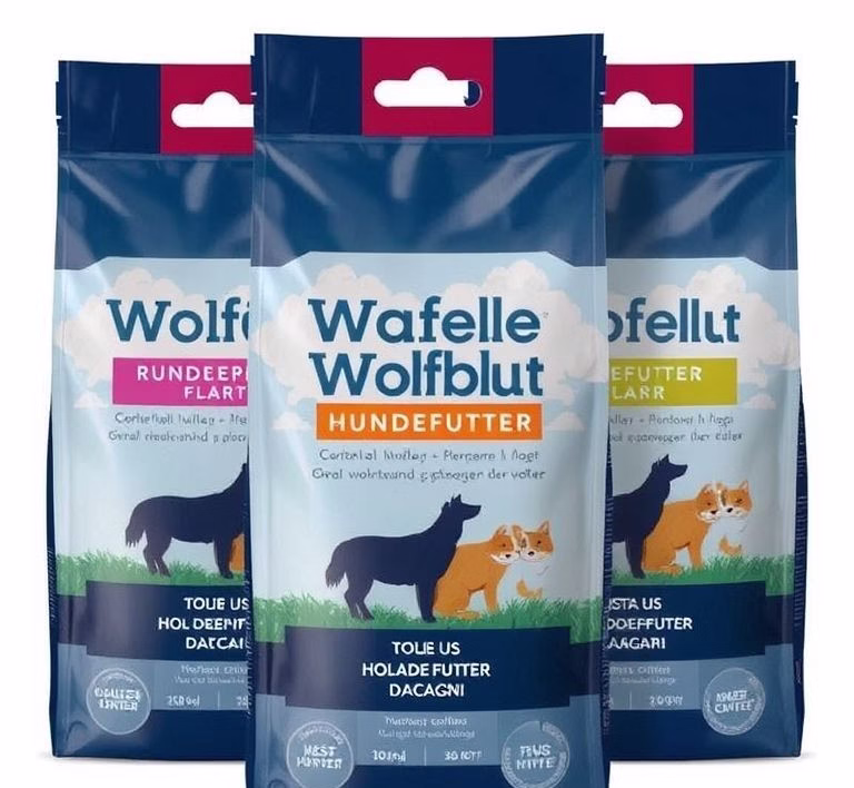 Verschiedene Sorten von Wolfsblut Hundefutter in ansprechenden Verpackungen
