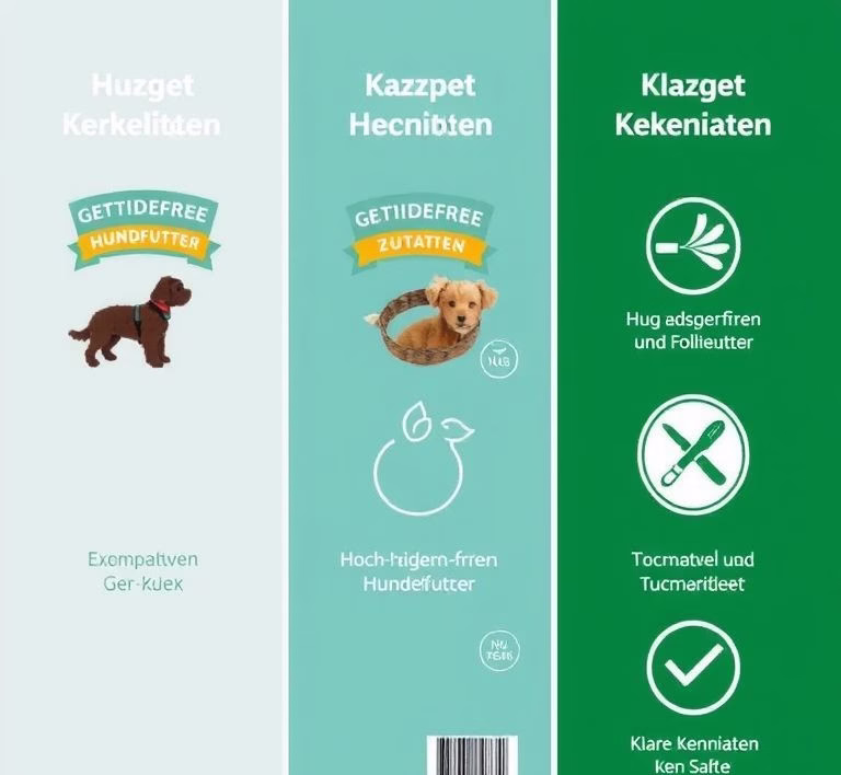 Verschiedene Verpackungen von getreidefreiem Hundefutter, die hochwertige Zutaten und klare Kennzeichnungen zeigen.
