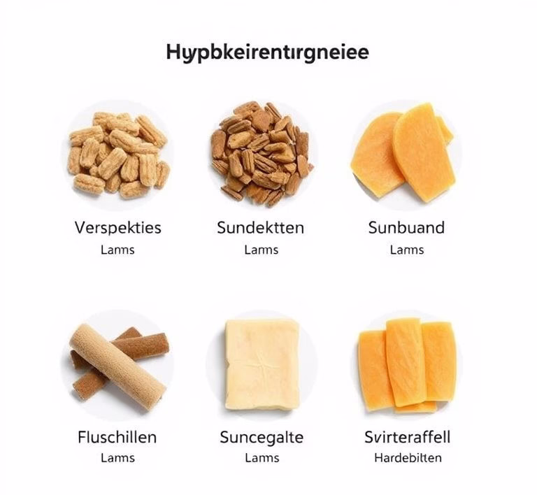 Verschiedene Verpackungen von hypoallergenem Hundefutter, die Insekten, Lamm oder Süßkartoffel als Hauptzutaten hervorheben