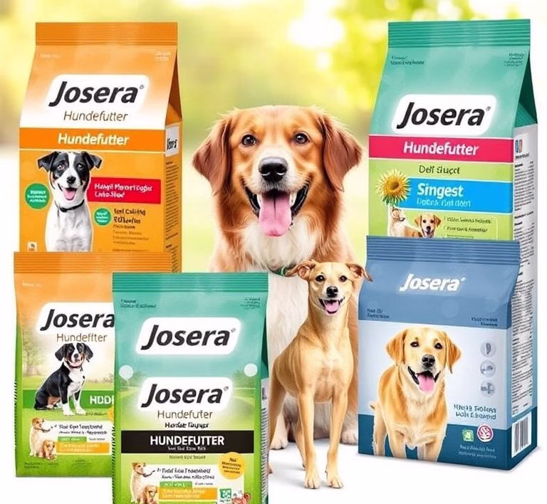 Verschiedene Verpackungen von Josera Hundefutter mit einem glücklichen Hund im Hintergrund