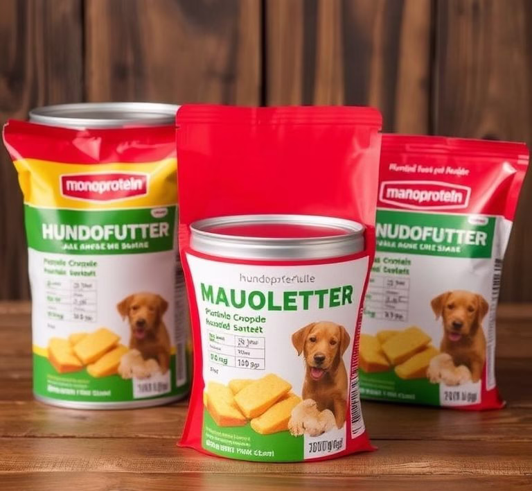 Verschiedene Verpackungen von Monoprotein-Hundefutter mit Fokus auf die Kennzeichnung der Proteinquelle