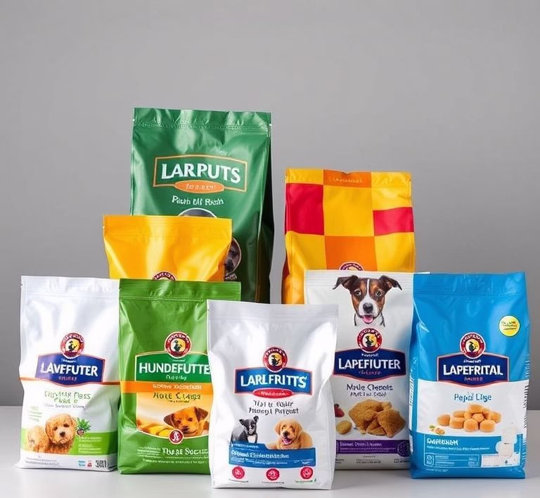 Verschiedene Verpackungen von Premium Hundefutter Marken, die auf einem Regal angeordnet sind.