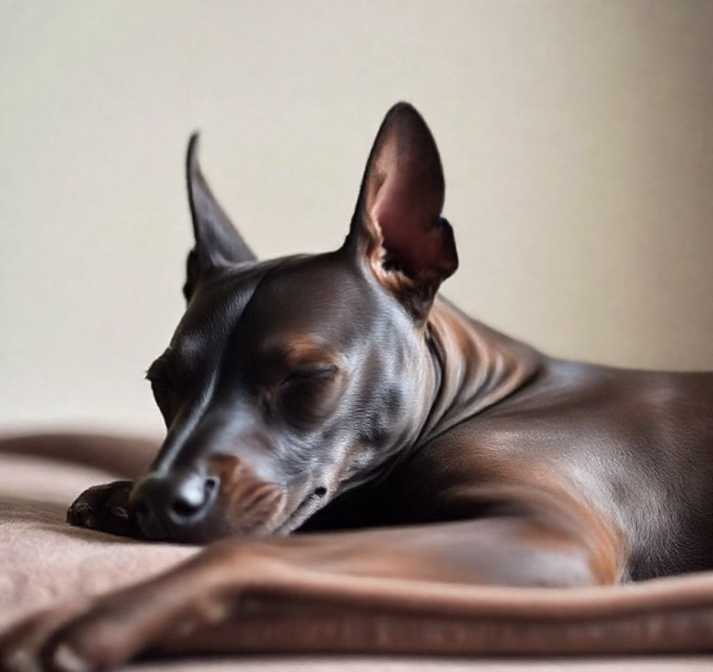 Xoloitzcuintle in einer ruhigen Pose, seine glatte, dunkle Haut ist sichtbar.